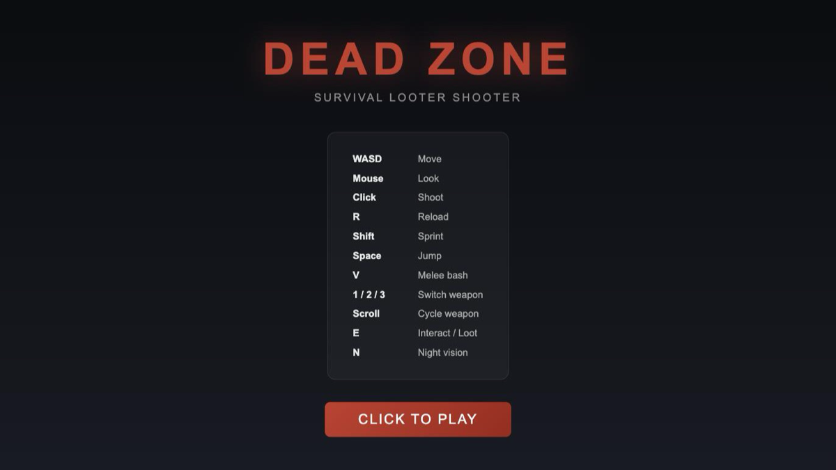 DEAD ZONE title screen — controls list for a first-person survival looter-shooter