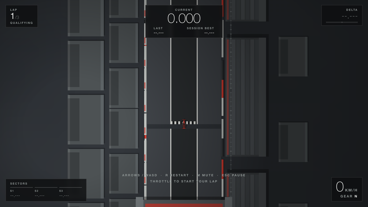 APEX // QUALIFY gameplay — top-down view of a formula car on the starting grid