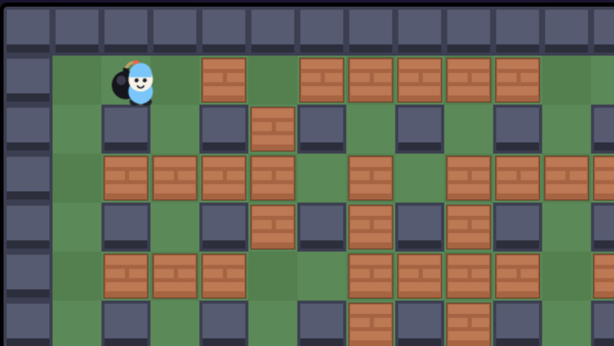 BLASTMAN gameplay — a player character beside a lit bomb in a brick maze