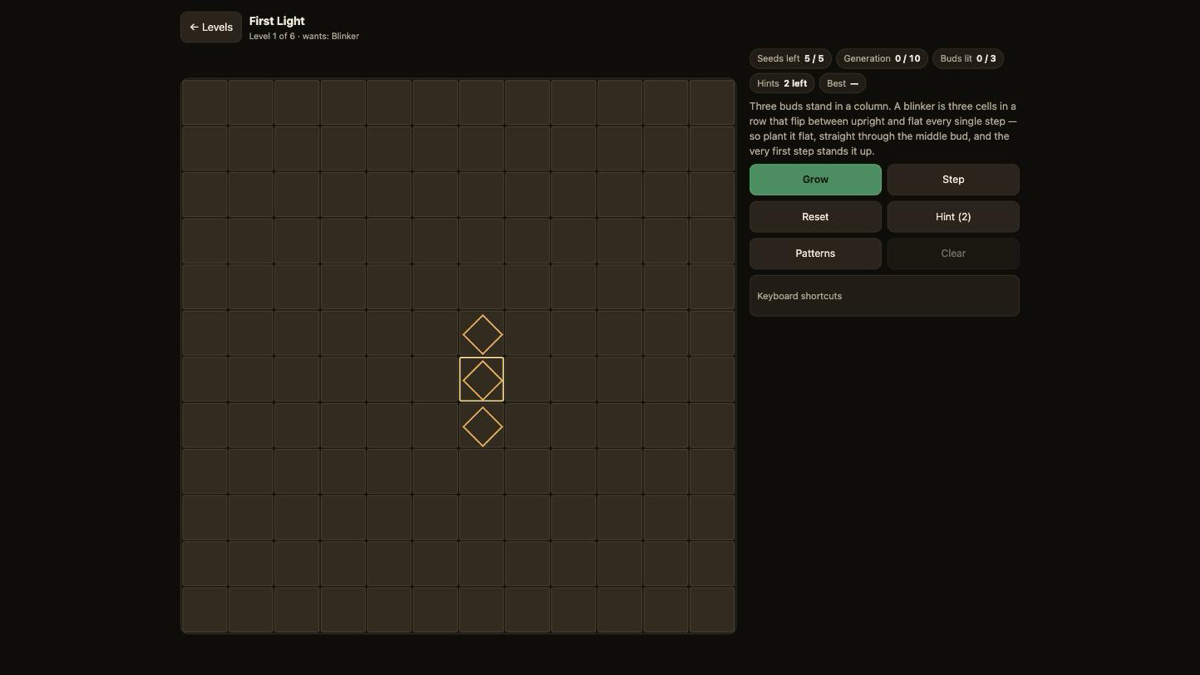 Bloom gameplay — a grid of seeded buds mid-growth under Conway's Game of Life rules