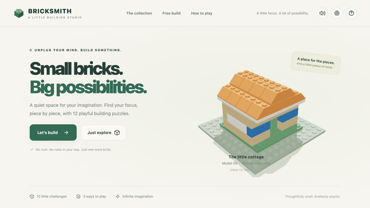 BRICKSMITH landing screen — a small isometric brick cottage on a baseplate