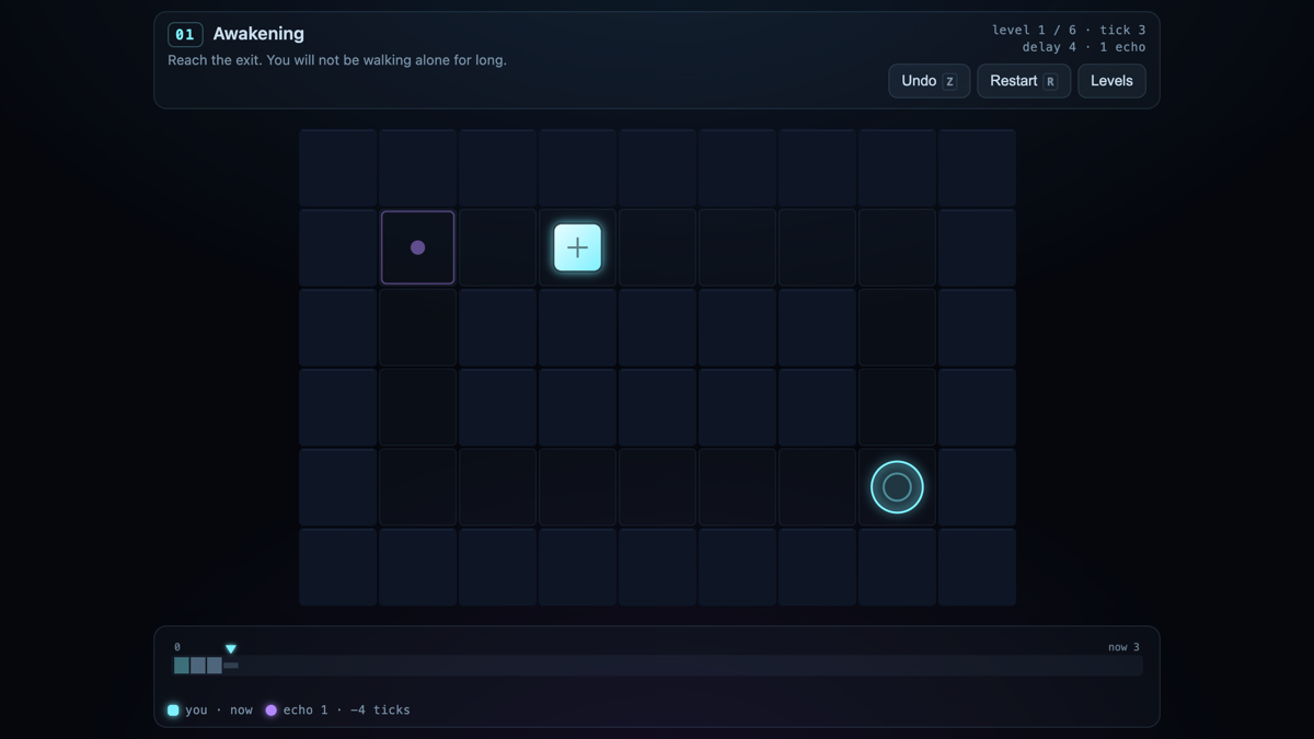 ECHOES gameplay — a dark puzzle grid with the player, a pressure plate and an exit, and a timeline of recorded ticks below