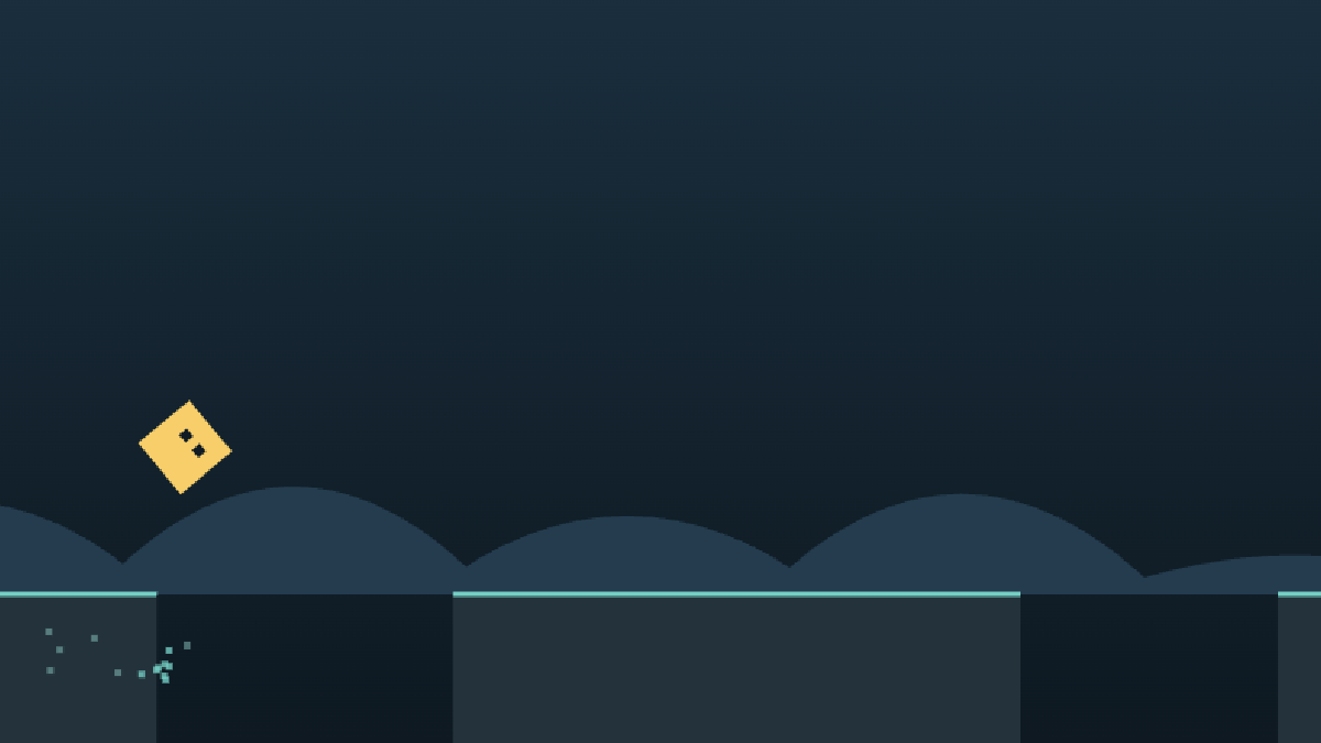 LEAP gameplay — a cube mid-jump over a gap on a neon runway