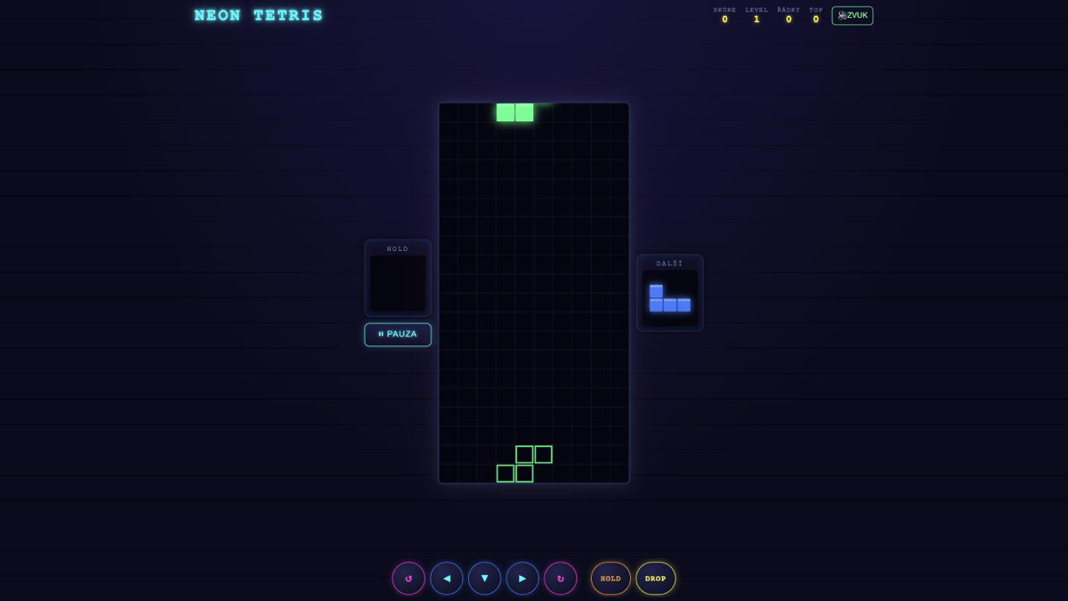 NEON TETRIS gameplay — a neon-lit falling-block board with a ghost piece