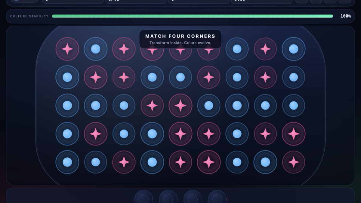 QUADBLOOM gameplay — a grid of colored dots and star-shaped Bloomforms