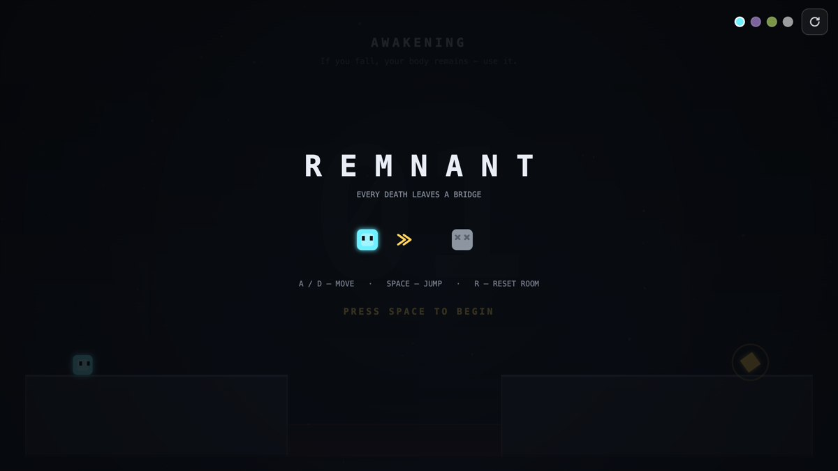 REMNANT title screen — a small glowing character beside its inert body double
