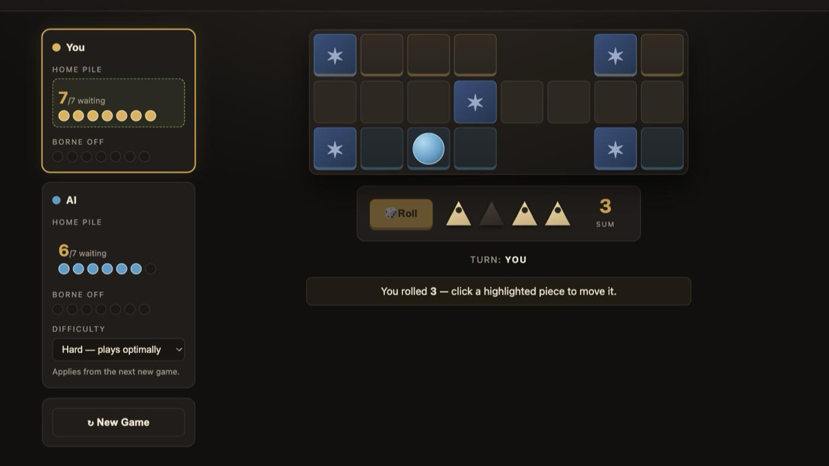 The Royal Game of Ur gameplay — dice roll and pieces on the twenty-square board