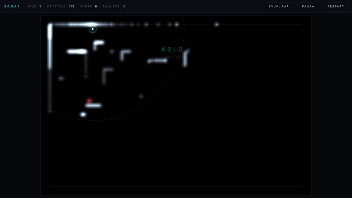 SONAR gameplay — a pitch-black arena where a sonar ping leaves fading light traces on the walls