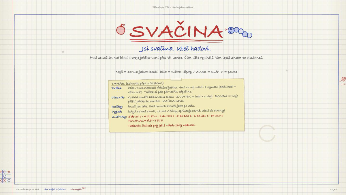 SVAČINA gameplay — an apple fleeing a snake sketched in a school notebook