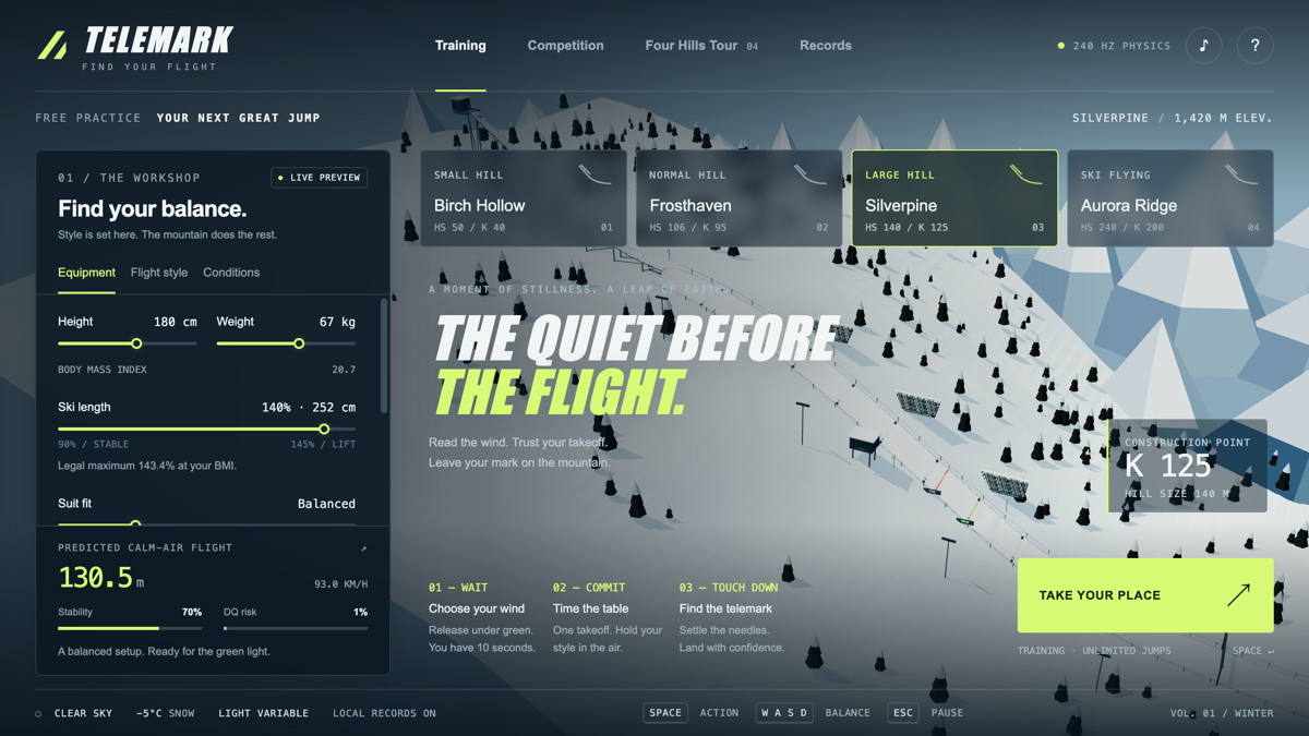 TELEMARK gameplay — a ski jump hill overview with equipment setup panel