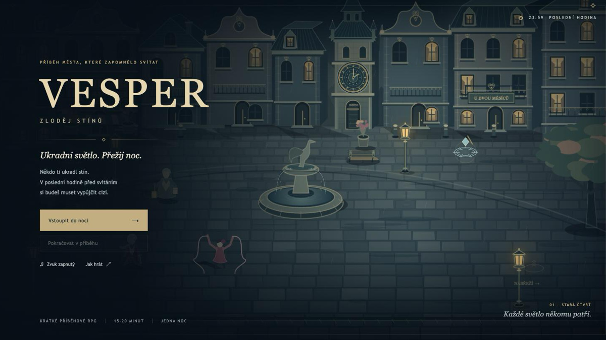 VESPER gameplay — an Art Nouveau city street frozen before dawn